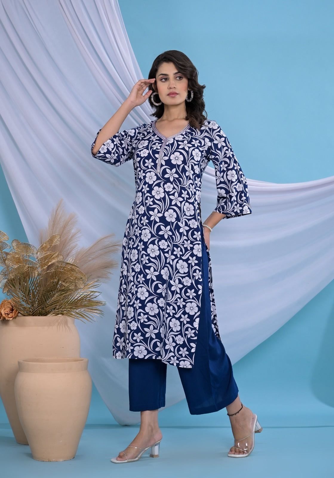 Blue Rayon Kurta Pant Set