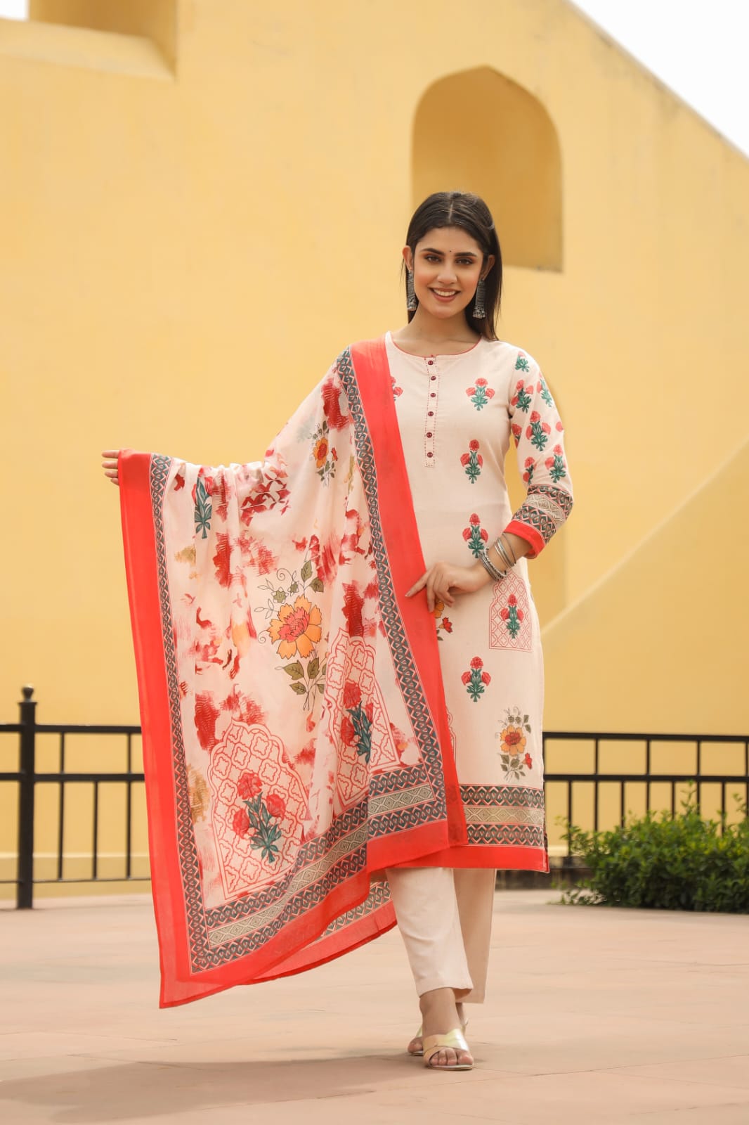 Off White Flex cotton Dupatta Pant Set