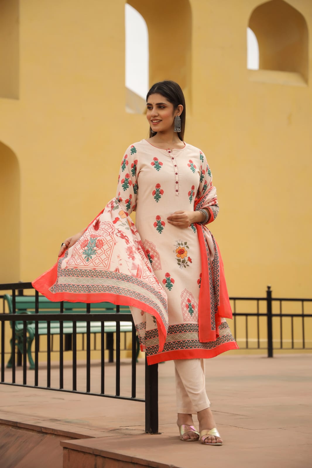 Off White Flex cotton Dupatta Pant Set